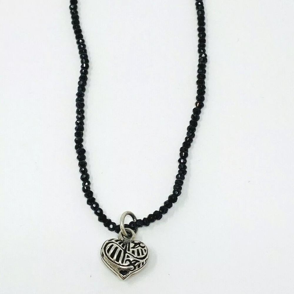 Queen Baby Black Spinel Bead Necklace W/ Silver Heart 18” NEW